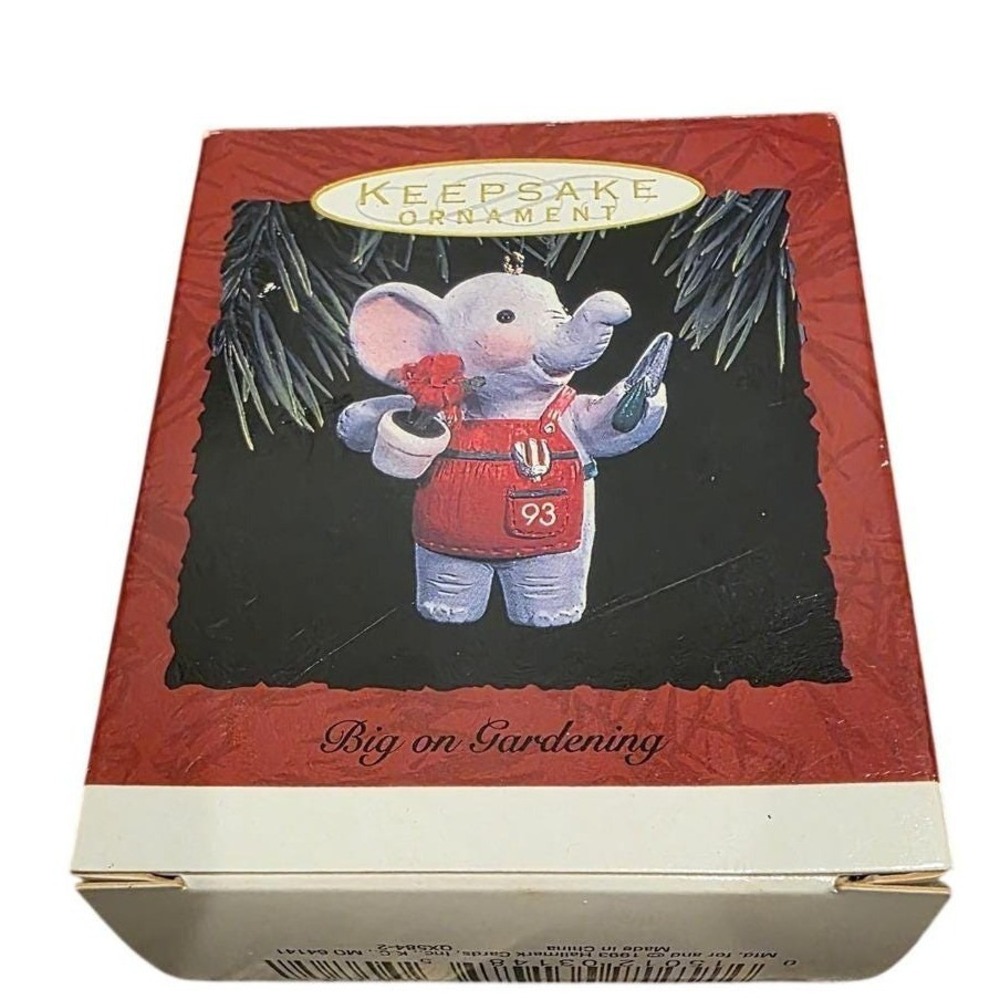 1993 Hallmark Keepsake Ornament Big on Gardening Elephant Red Apron Vintage